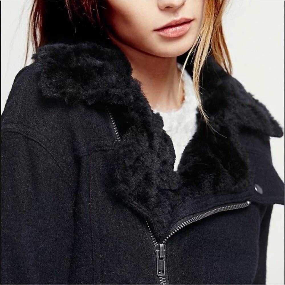Free People Black Simple Salute Wool Faux Fur Collar Moto Military Jacket S - Picture 6 of 16